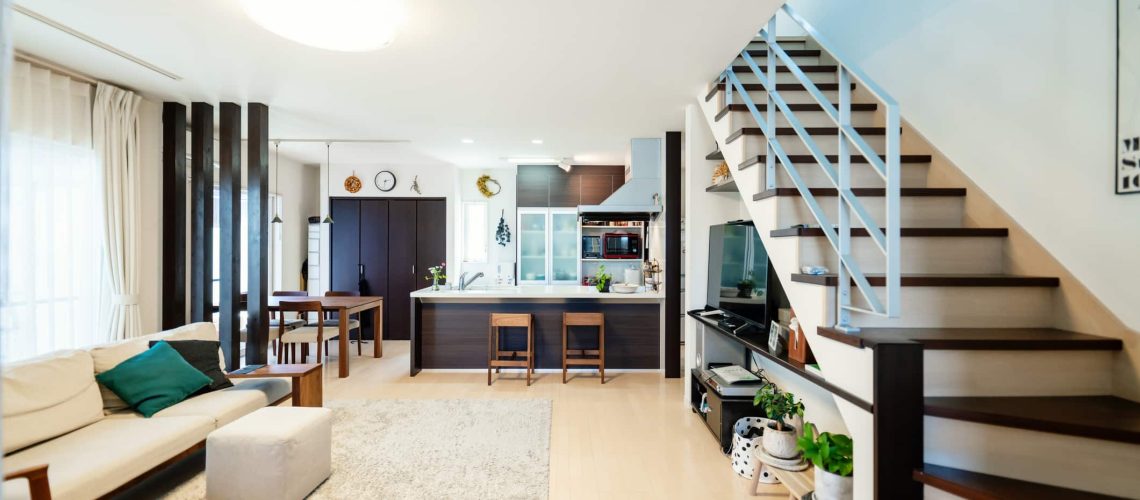 Interior shot of the living room and kitchen of a suburban home in Japan